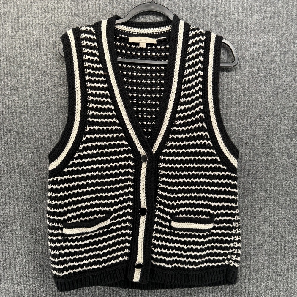 Loft Crochet Cardigan Womens L Black White Button Up Sleeveless Retro Hippie